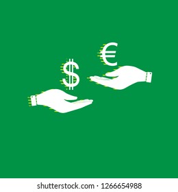 Currency exchange from hand to hand. Dollar adn Euro. Vector. White flat icon with yellow striped shadow at green background.