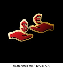 Currency exchange from hand to hand. Dollar adn Euro. Vector. Red icon with small black and limitless shadows at golden sticker on black background.