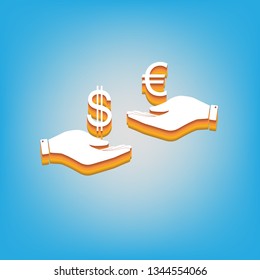Currency exchange from hand to hand. Dollar adn Euro. Vector. White icon with 3d warm-colored gradient body at sky blue background.