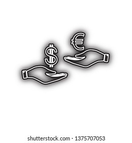 Currency exchange from hand to hand. Dollar adn Euro. Vector. Double contour black icon with soft shadow at white background. Isolated.