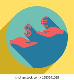 Currency exchange from hand to hand. Dollar adn Euro. Sunset orange icon with llapis lazuli shadow inside medium aquamarine circle with different goldenrod shadow at royal yellow background.