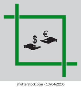 Currency exchange from hand to hand. Dollar adn Euro. Black icon inside green crop tool at light gray background