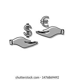 Currency exchange from hand to hand. Dollar adn Euro. Black line icon with gray shifted flat filled icon on white background. Illustration.