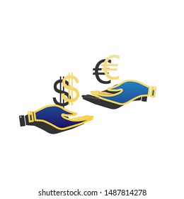 Currency exchange from hand to hand. Dollar adn Euro. Blue icon with gold contour with dark gray shadow at white background. Illustration.