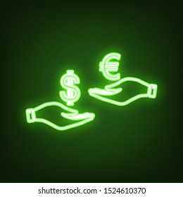 Currency exchange from hand to hand. Dollar adn Euro. Green neon icon in the dark. Blurred lightening. Illustration.