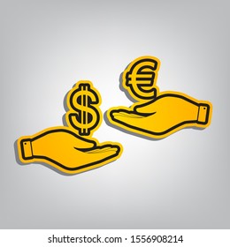 Currency exchange from hand to hand. Dollar adn Euro. Flat orange icon with overlapping linear black icon with gray shadow at whitish background. Illustration.