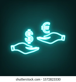 Currency exchange from hand to hand. Dollar adn Euro. Cyan neon icon in the dark. Bluring. Luminescence. Illustration.