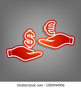 Currency exchange from hand to hand. Dollar adn Euro. Flat red icon with linear white icon with gray shadow at grayish background. Illustration.