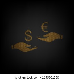 Currency exchange from hand to hand. Dollar adn Euro. Icon as grid of small orange light bulb in darkness. Illustration.