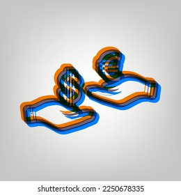 Currency exchange from hand to hand. Dollar adn Euro. Stroked Icon in orange, azure and old lavender Colors at gray Background. Illustration.