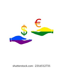 Währungsumtausch von Hand zu Hand. Dollar und Euro. LGBT-Rechte aus Rainbow-Homosexuellen, farbiges Symbol auf weißem Hintergrund. Illustration.