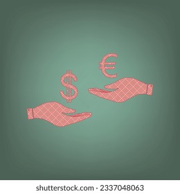 Währungsumtausch von Hand zu Hand. Dollar und Euro. Apricot Icon mit Brick Red Parkett-Grafik Muster auf Ebony Hintergrund. Feldgrau. Grün. Illustration.