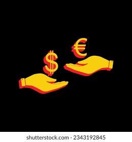 Währungsumtausch von Hand zu Hand. Dollar und Euro. 3D-extrudiertes gelbes Symbol mit roten Seiten auf schwarzem Hintergrund. Illustration.