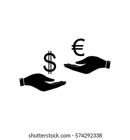 Currency exchange from hand to hand. Dollar adn Euro. Flat style black icon on white.