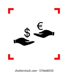 Currency exchange from hand to hand. Dollar adn Euro. Black icon