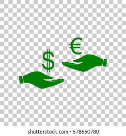 Currency exchange from hand to hand. Dollar adn Euro. Dark green icon on transparent background.