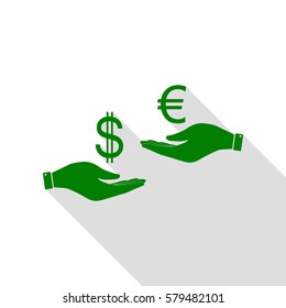 Currency exchange from hand to hand. Dollar adn Euro. Green icon with flat style shadow path.