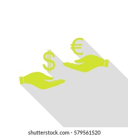 Currency exchange from hand to hand. Dollar adn Euro. Pear icon with flat style shadow path.