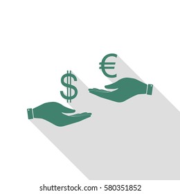 Currency exchange from hand to hand. Dollar adn Euro. Veridian icon with flat style shadow path.