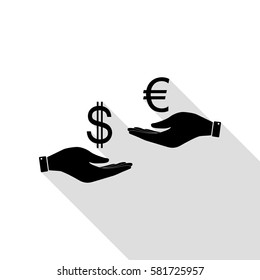 Currency exchange from hand to hand. Dollar adn Euro. Black icon with flat style shadow path.