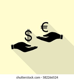 Currency exchange from hand to hand. Dollar adn Euro. Black icon with flat style shadow path on cream background.