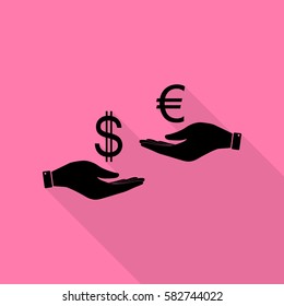 Currency exchange from hand to hand. Dollar adn Euro. Black icon with flat style shadow path on pink background.