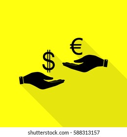 Currency exchange from hand to hand. Dollar adn Euro. Black icon with flat style shadow path on yellow background.