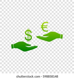 Currency exchange from hand to hand. Dollar adn Euro. Vector. Green gradient icon on transparent background.