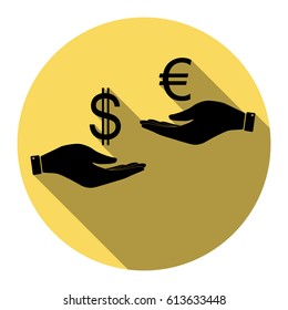 Currency exchange from hand to hand. Dollar adn Euro. Vector. Flat black icon with flat shadow on royal yellow circle with white background. Isolated.