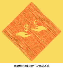 Currency exchange from hand to hand. Dollar adn Euro. Vector. Red scribble icon obtained as a result of subtraction rhomb and path. Royal yellow background.