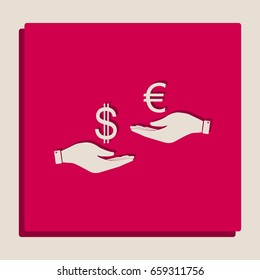 Currency exchange from hand to hand. Dollar adn Euro. Vector. Grayscale version of Popart-style icon.