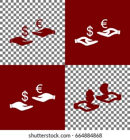 Currency exchange from hand to hand. Dollar adn Euro. Vector. Bordo and white icons and line icons on chess board with transparent background.