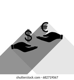 Currency exchange from hand to hand. Dollar adn Euro. Vector. Black icon with two flat gray shadows on white background.