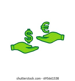 Currency exchange from hand to hand. Dollar adn Euro. Vector. Lemon scribble icon on white background. Isolated