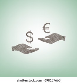 Currency exchange from hand to hand. Dollar adn Euro. Vector. Brown flax icon on green background with light spot at the center.