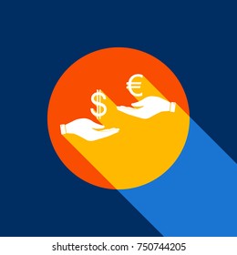 Currency exchange from hand to hand. Dollar adn Euro. Vector. White icon on tangelo circle with infinite shadow of light at cool black background. Selective yellow and bright navy blue are produced.