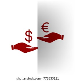 Currency exchange from hand to hand. Dollar adn Euro. Vector. Bordo icon on white bending paper background.