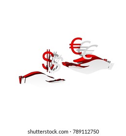 Currency exchange from hand to hand. Dollar adn Euro. Vector. Detachable paper icon with red body stock. Isolated.