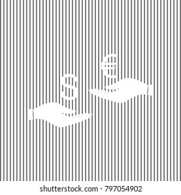 Currency exchange from hand to hand. Dollar adn Euro. Vector. White icon on grayish striped background. Optical illusion.