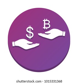 Currency exchange from hand to hand. Dollar and Bitcoin. Vector. White icon with flat shadow on purpureus circle at white background. Isolated.