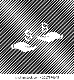 Currency exchange from hand to hand. Dollar and Bitcoin. Vector. Icon. Hole in moire background.