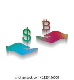 Currency exchange from hand to hand. Dollar and Bitcoin. Vector. Colorful icon with bright texture of mosaic with soft shadow on white background. Isolated.