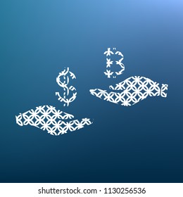 Currency exchange from hand to hand. Dollar and Bitcoin. Vector. White textured icon at lapis lazuli gradient background.