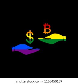 Currency exchange from hand to hand. Dollar and Bitcoin. Vector. Icon with colors of LGBT flag at black background.