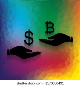 Currency exchange from hand to hand. Dollar and Bitcoin. Vector. Flat style black icon on white.