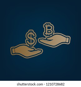 Currency exchange from hand to hand. Dollar and Bitcoin. Vector. Golden icon and border at dark cyan background.