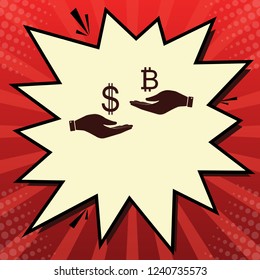 Currency exchange from hand to hand. Dollar and Bitcoin. Vector. Dark red icon in lemon chiffon shutter bubble at red popart background with rays.