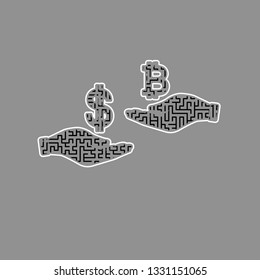 Currency exchange from hand to hand. Dollar and Bitcoin. Vector. Black maze filled icon with white border at gray background.