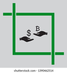 Currency exchange from hand to hand. Dollar and Bitcoin. Black icon inside green crop tool at light gray background