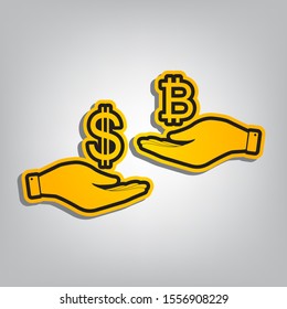 Currency exchange from hand to hand. Dollar and Bitcoin. Flat orange icon with overlapping linear black icon with gray shadow at whitish background. Illustration.